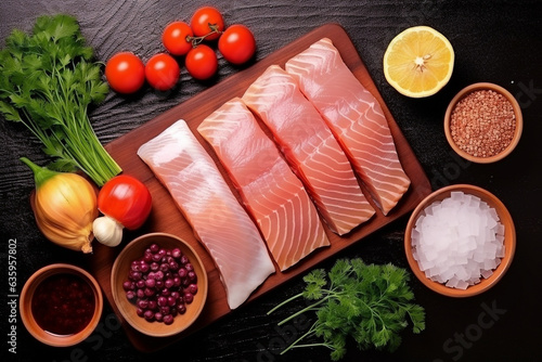 Top view fresh raw fish with ingredients on wooden background