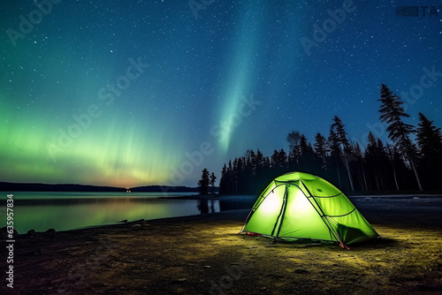 Camping tent at night with aurora light