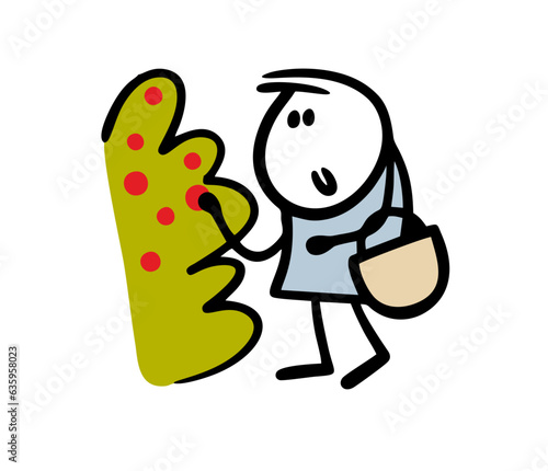 Woman with a basket in the forest plucks and collects red berries from a bush. Vector illustration of cartoon nature and fresh healthy food.