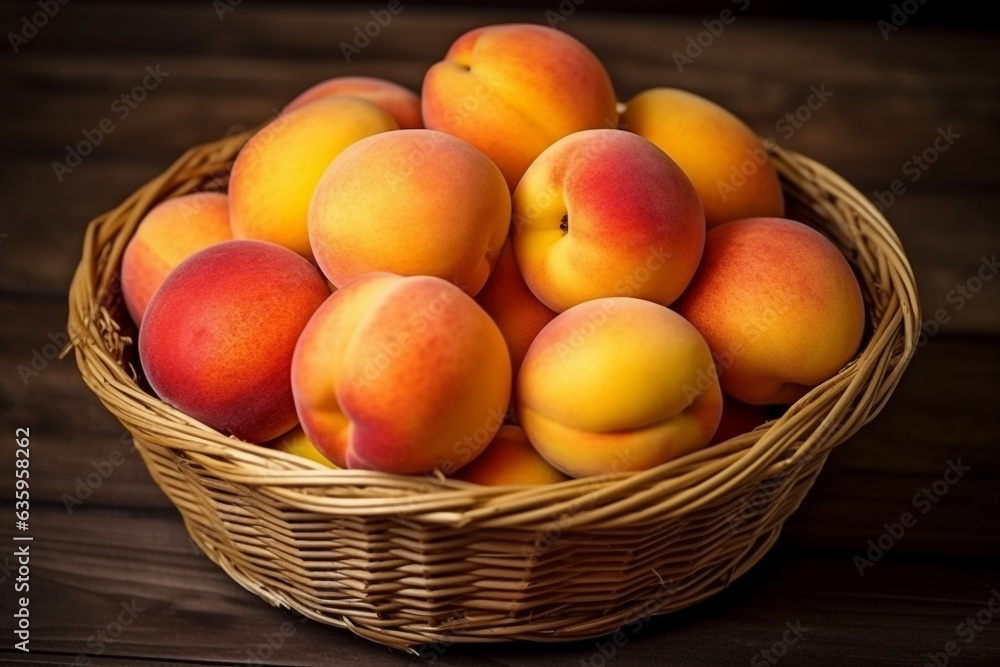 Peaches in wicker basket on brown wooden background