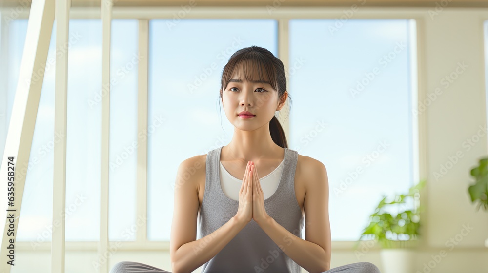 young japanese woman doing yoga (Generative AI)