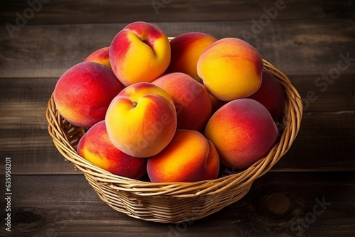 Peaches in wicker basket on brown wooden background