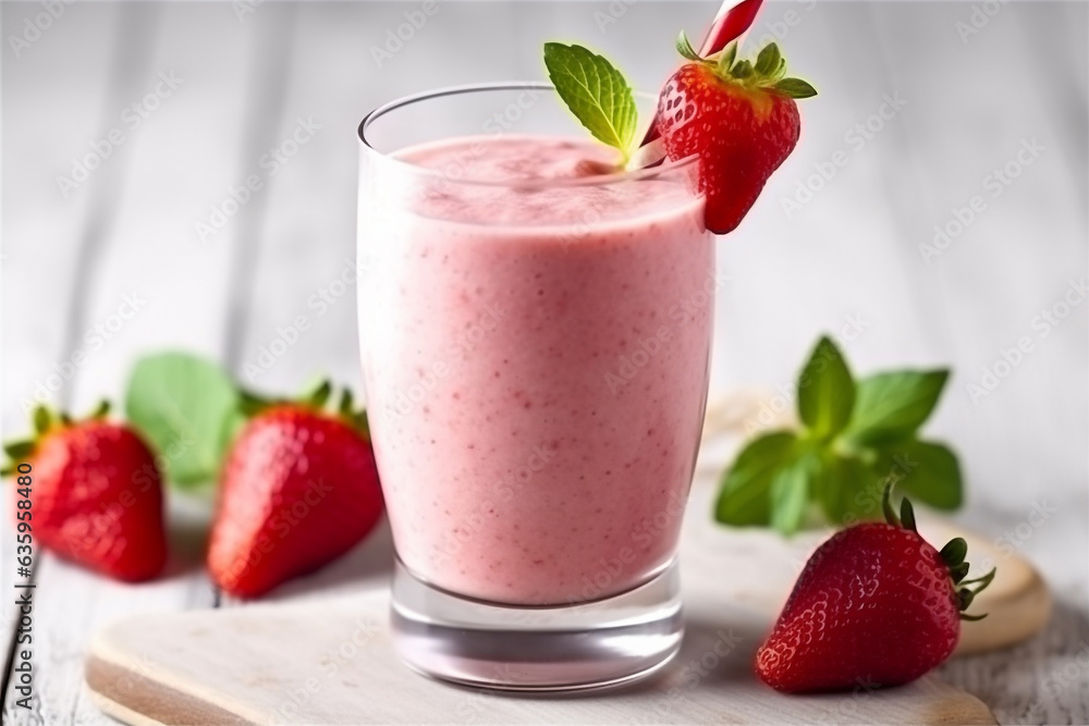 Strawberry smoothie with strawberry fruit on white wooden background Strawberry smoothie with strawberry fruit on white wooden background