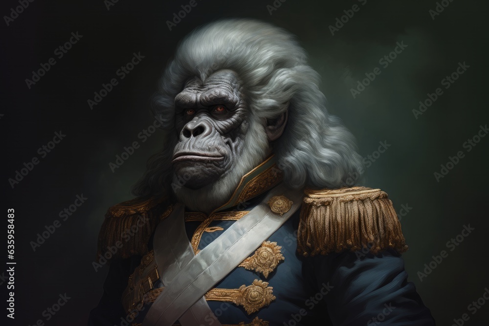 Gorilla, 3d Ironic portrait, 1800, Sergent, Official, Soldier, Napoleonic, General. SERGENT GRUNT! Old gorilla with gray wig dressed up as an army official of the Napoleonic Era. Half-lenght shot.