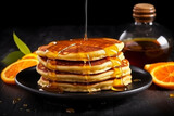 Pancakes orange and honey on black stone background