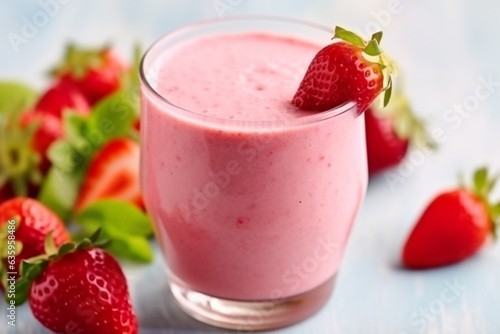 Strawberry smoothie with strawberry fruit on white wooden background