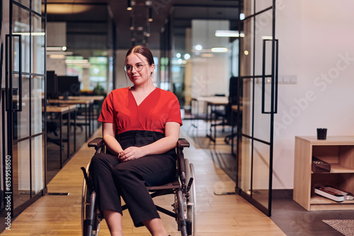 A modern young businesswoman in a wheelchair is surrounded by an inclusive workspace with glass-walled offices, embodying determination and innovation in the business world