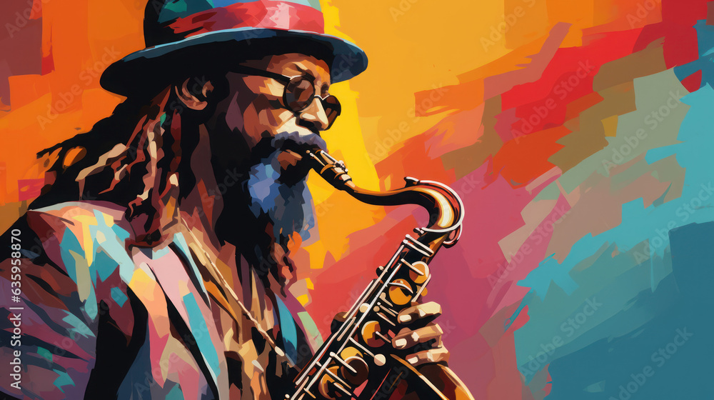 abstract expressionist art style of portrait of man reggae cheerful blow the saxophone - obrazy, fototapety, plakaty 