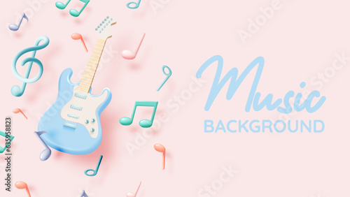 Electric guitar with Music notes, song, melody or tune 3d realistic