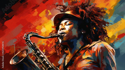 abstract expressionist art style of portrait of man reggae cheerful blow the saxophone