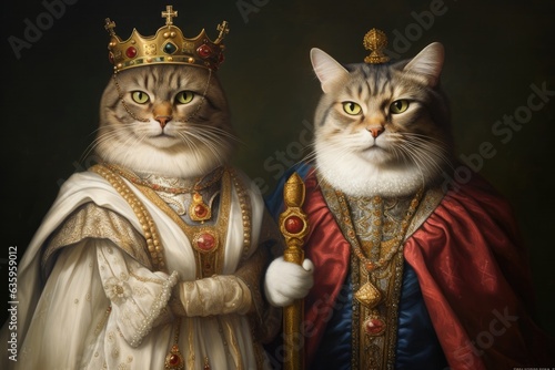 Cats, Felines, King, Emperor, Ruler, Ironic 3D portrait, Renaissance, Medieval. AT THE COURT OF THE FELINS. A portrait of a couple of emperor cats dressed up in perfect Renaissance style. photo