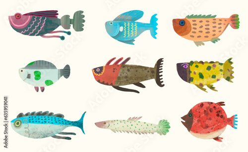 Fish, watercolor painting. animal cartoon vector illustration collection. isolated on a white background.	
