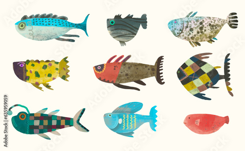 Fish, watercolor painting. animal cartoon vector illustration collection. isolated on a white background.	
