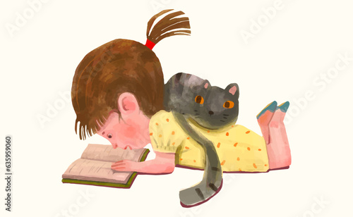 A girl reading a book and a cat. kid illustration. watercolor vector.