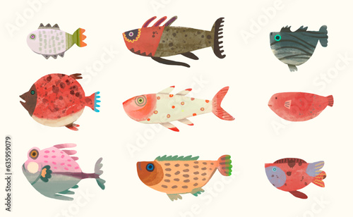 Fish, watercolor painting. animal cartoon vector illustration collection. isolated on a white background.	
