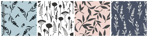 Set of four floral patterns with flowers and leaves in blue, pink, black, and white colors. Vector seamless floral prints