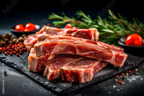 Fresh pork ribs with herbs and spices on black background.