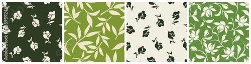 Set of four floral patterns with flowers and leaves in green colors. Vector seamless floral prints