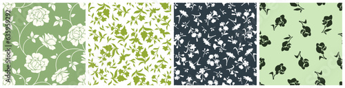 Set of four floral patterns with flowers and leaves in green, blue, and white colors. Vector seamless floral prints
