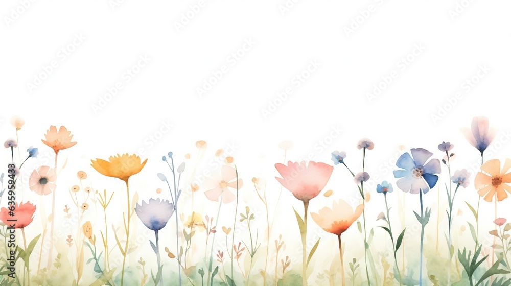  a watercolor painting of a field of flowers on a white background.  generative ai