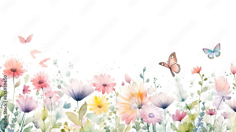  a watercolor painting of a field of flowers and butterflies.  generative ai