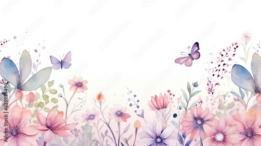  a watercolor painting of flowers and butterflies on a white background.  generative ai