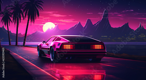 Retro wave sport car driving between palm trees  mountain and moon  cyberpunk style