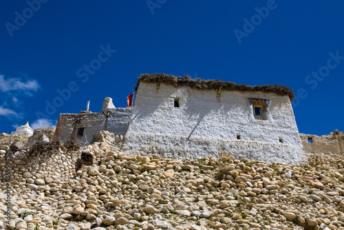 Nechung Village with Deser Landscape, Monastery in the Tibetan Influenced Mustang of Nepal photo