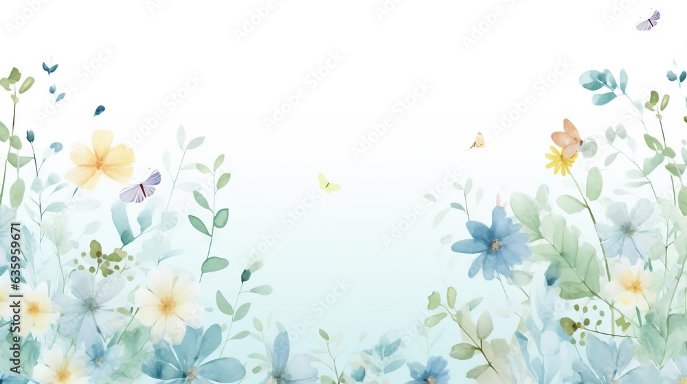  a painting of flowers and butterflies on a white background with a blue sky in the background.  generative ai