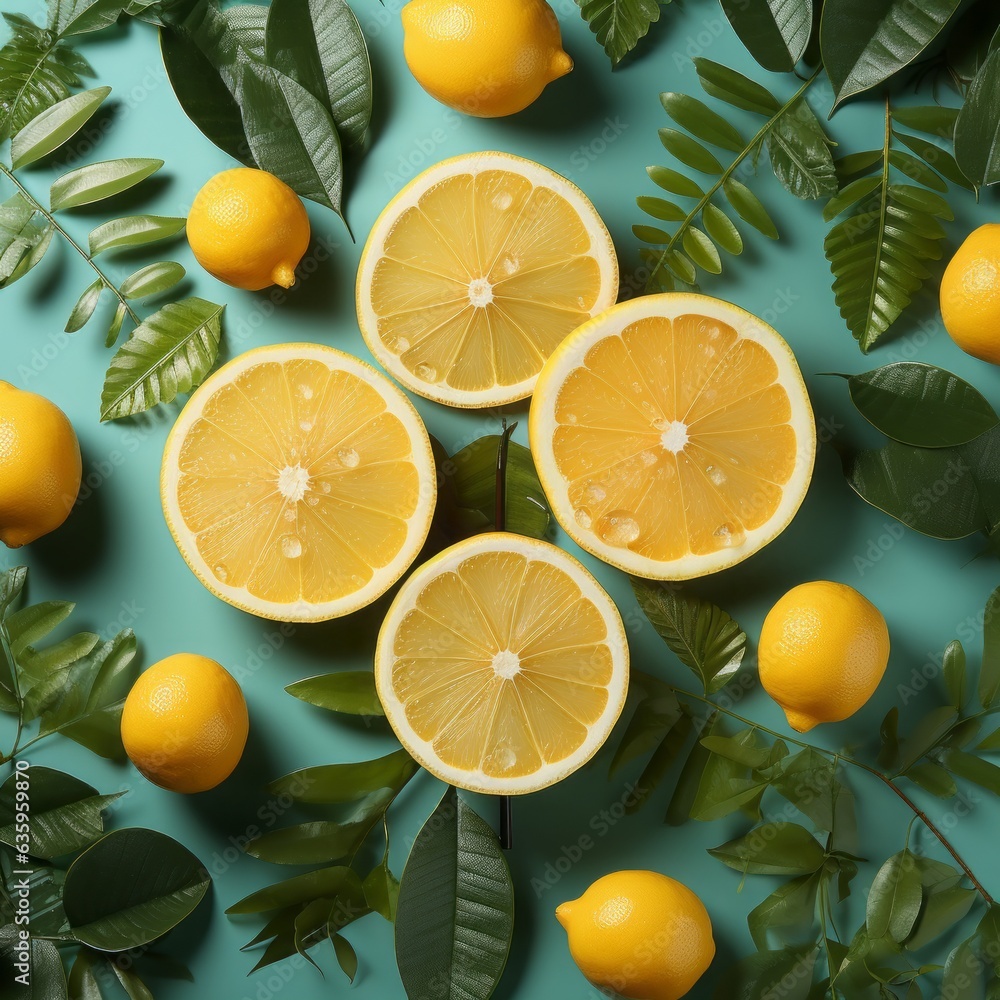A creative summer layout features lemon slices and yellow flower petals on a vibrant blue backdrop, embracing a minimal fruit concept with a burst of freshness.

