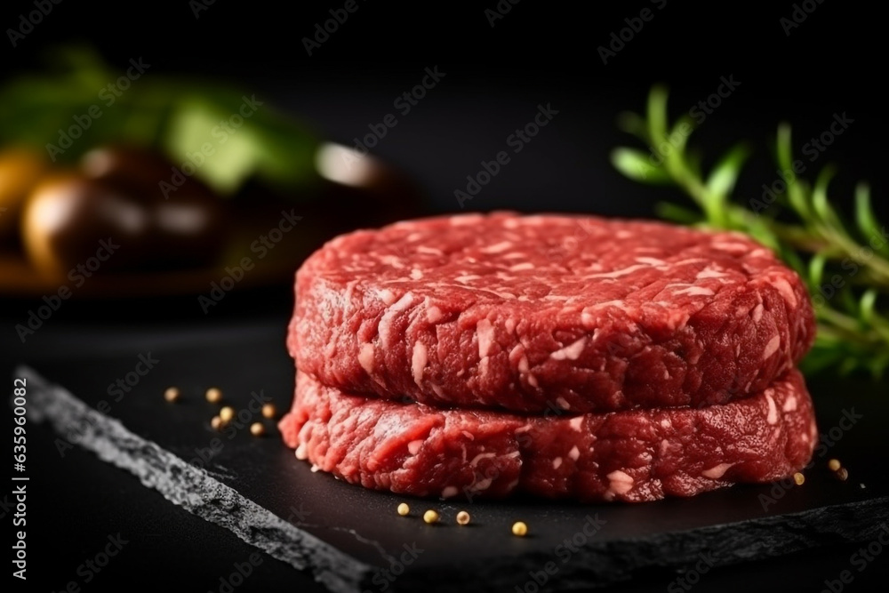 Fresh minced beef burger with spices on black background. Fresh minced beef burger with spices on black background.