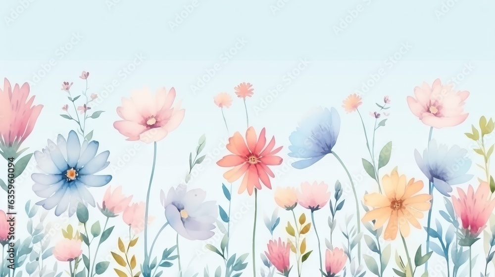  a bunch of flowers that are on a blue background with a sky in the background.  generative ai