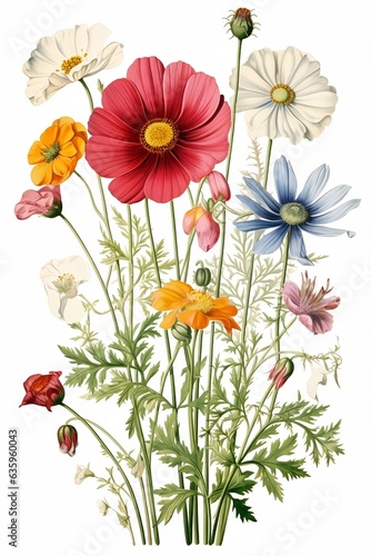 Simple  clean botanical illustration of assorted red  orange  blue  and white wildflowers attached to stems on a white background.