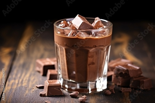 Ice coffee with chocolate on wooden background.