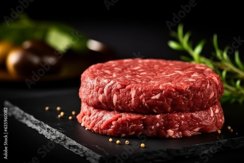 Fresh minced beef burger with spices on black background. photo
