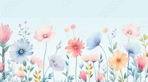  a bunch of flowers that are on a blue background with a sky in the background. generative ai