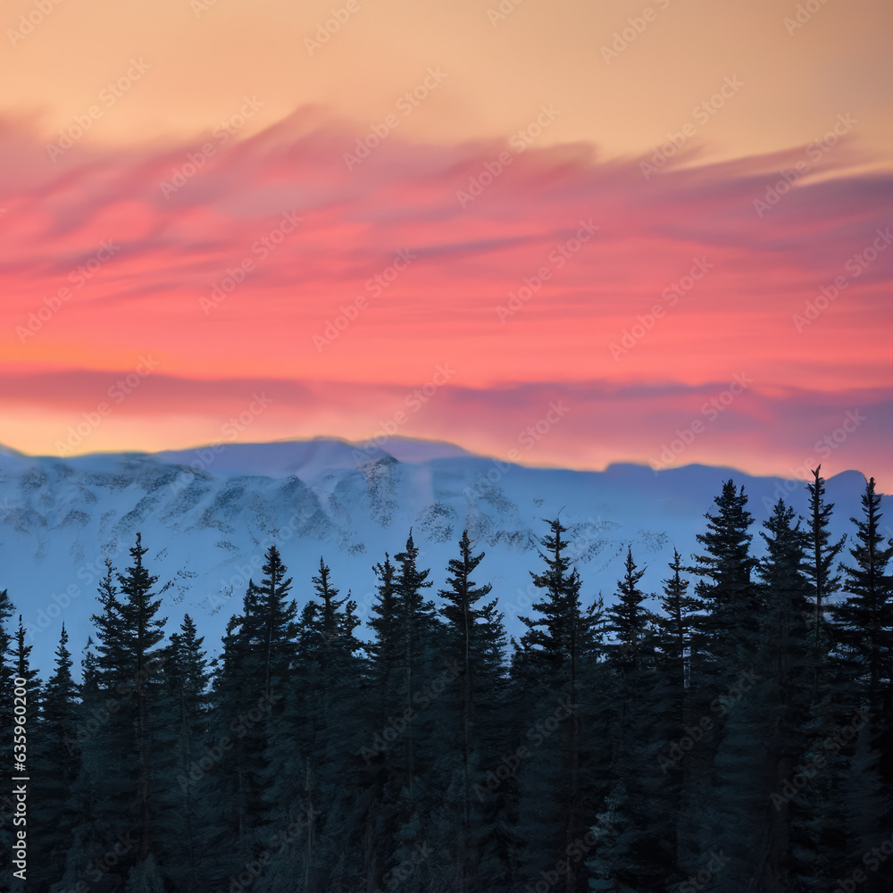 coniferous forest on the background of mountain at sunset