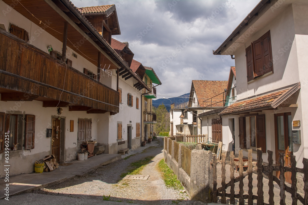 A street in the mountain village of Mione in Carnia, Friuli-Venezia Giulia, north east Italy