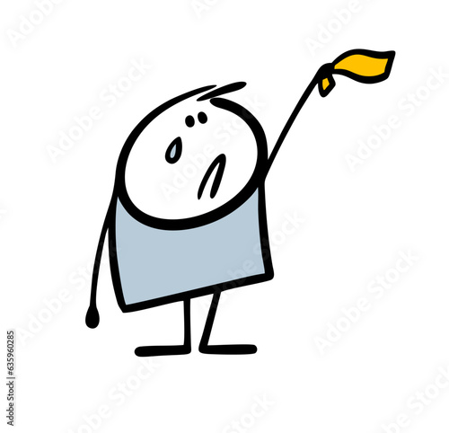 Sad stickman accompanies a friend, cries and waves a handkerchief goodbye. Vector illustration of a suffering guy, a tear on his face from separation.