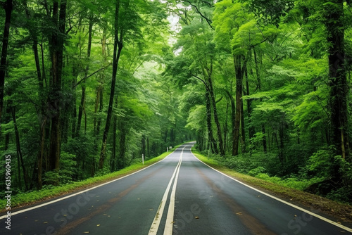 View of the road through the green forest.