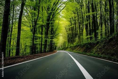 View of the road through the green forest.