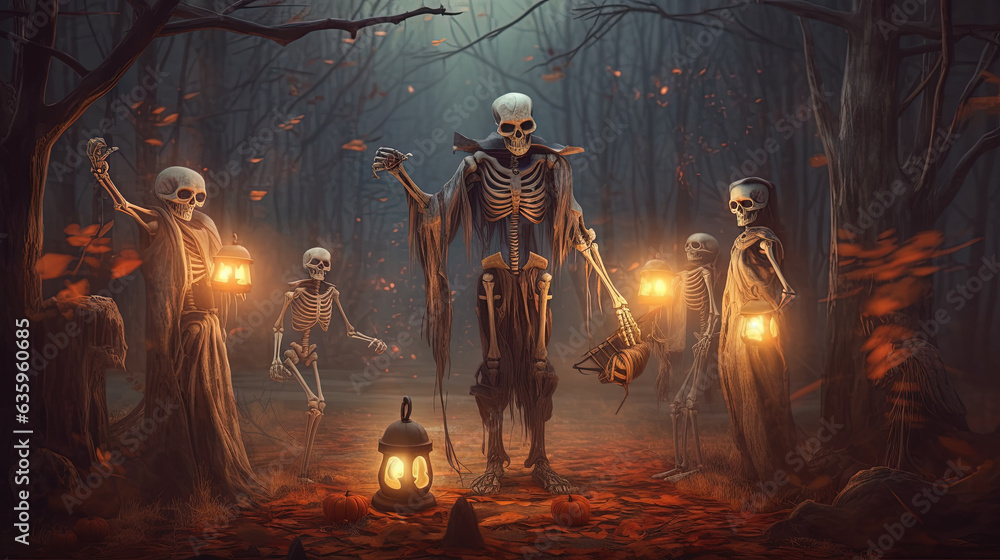 Skeleton holding the lamp in a dark forest during Halloween holiday. Dark art with monsters in the forest at fall. Skeleton holding the lamp in a dark forest during Halloween holiday. Dark art with monsters in the forest at fall.