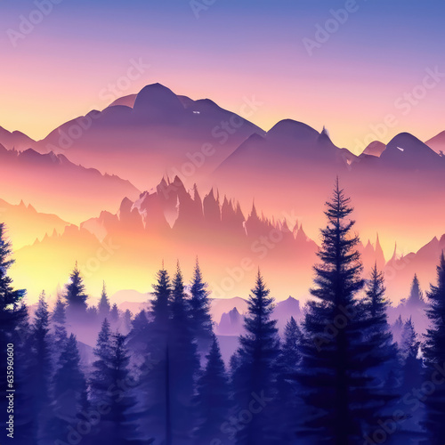 coniferous forest on the background of mountain at sunset © Darkcatf