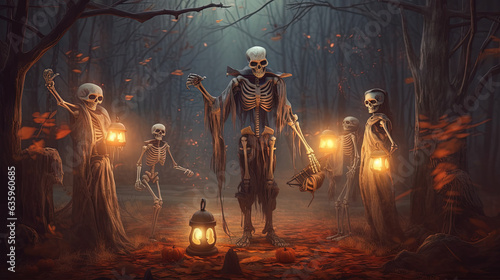 Skeleton holding the lamp in a dark forest during Halloween holiday. Dark art with monsters in the forest at fall.