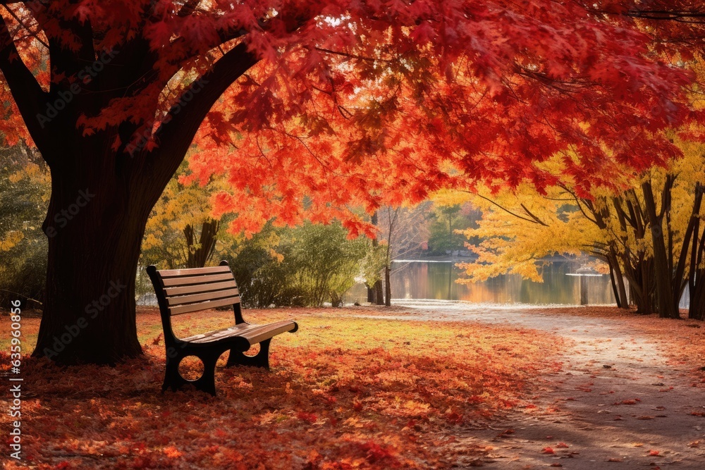 a peaceful park bench in a park with trees