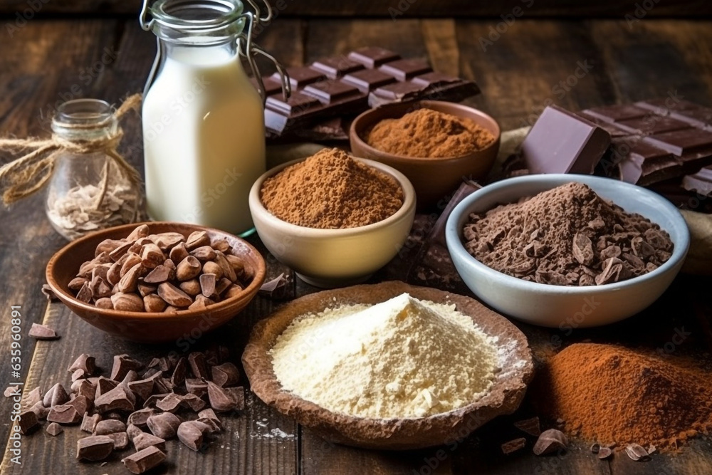 Ingredients for making chocolate on wooden background. - obrazy, fototapety, plakaty 