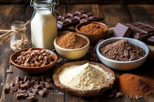 Ingredients for making chocolate on wooden background. photo