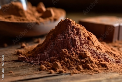 Chocolate powder and cocoa on wooden background.