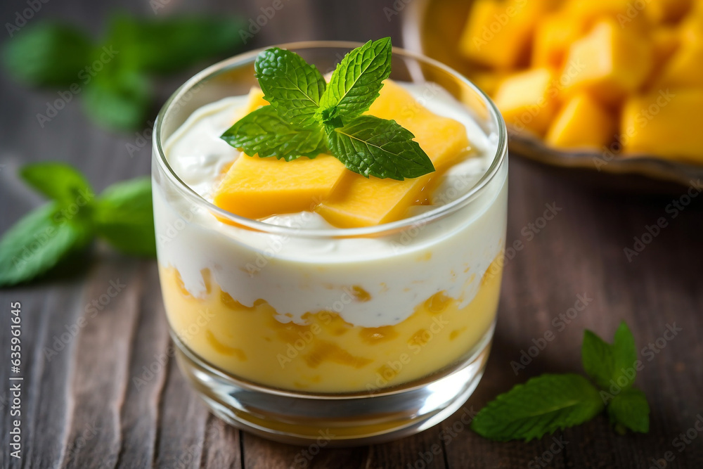 Yogurt healthy dessert with mango slices and mint. Yogurt healthy dessert with mango slices and mint.