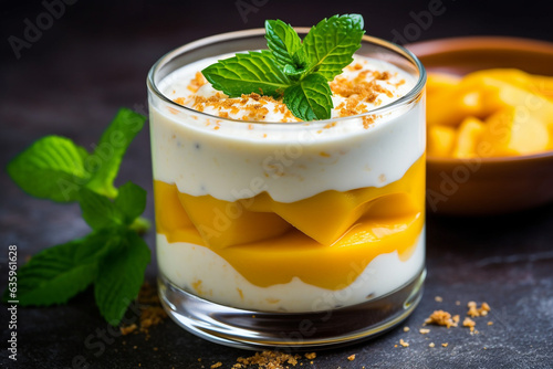 Yogurt healthy dessert with mango slices and mint.